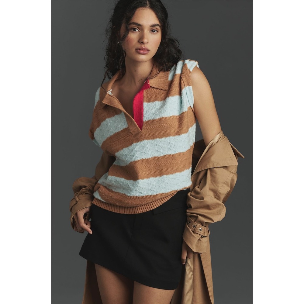 Maeve Sleeveless Sweater Women M Blue Brown Striped Cable Knit Polo Collar